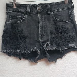 American Eagle Outfitters Black‎ Shortie Denim Crochet Detail Shorts Size:4 26x2